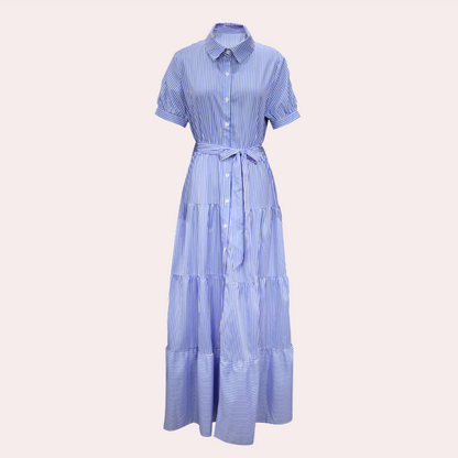"Irina gestreepte maxi-jurk voor dames, met ceintuur, blauw en groen, zomerse uitstraling, elegant en comfortabel."