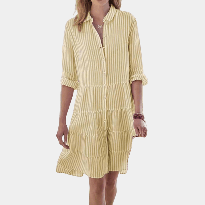 Stijlvolle gestreepte overhemd mini jurk, comfortabele dames jurk met gelaagd design voor warm weer.