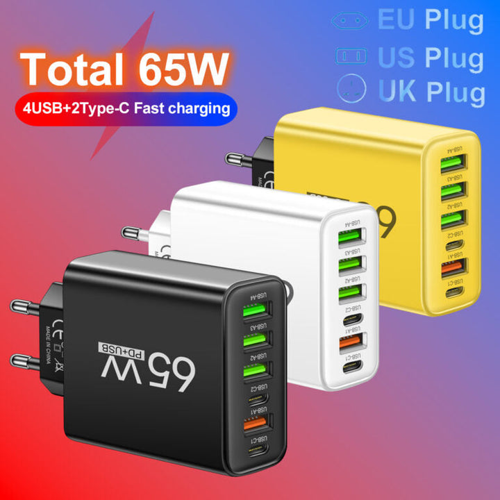 Krachtige 65W multi-oplader: Zwart model met USB-C poorten. Ideaal voor het snel opladen van laptops en smartphones.