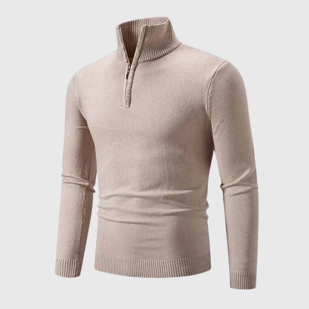Heren geribbelde pullover met halve rits en stand-kraag. Stijlvolle warme slim fit trui voor herfst & winter.