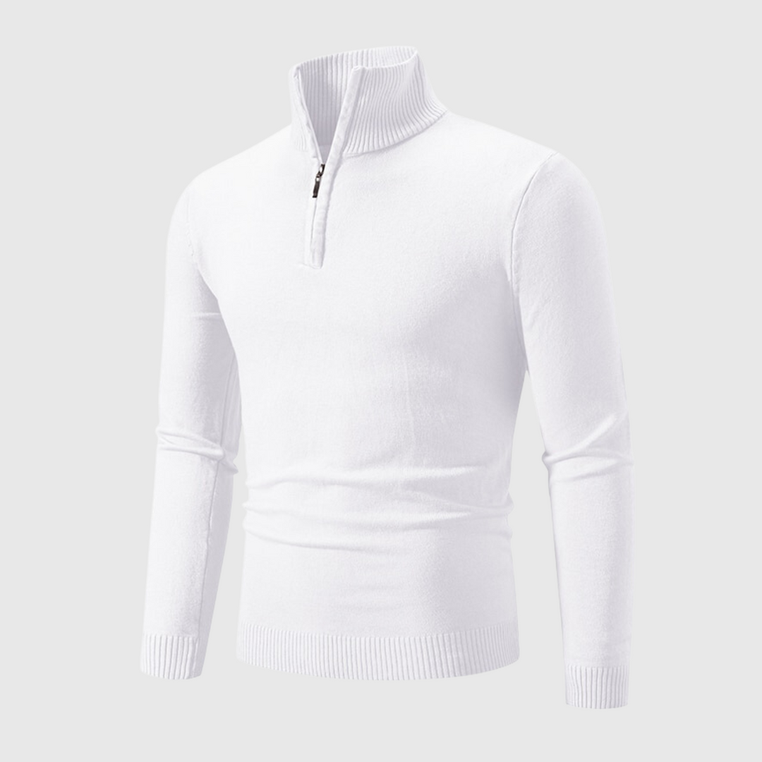 Textuur van de geribbelde heren pullover met halve rits. Een warme, stijlvolle stand-kraag trui voor comfort.