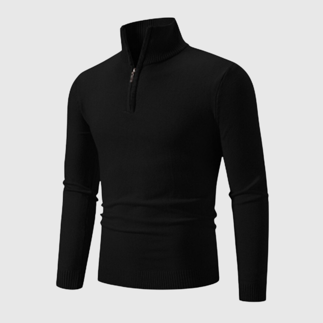 Close-up van de halve rits op deze heren geribbelde stand-kraag pullover. Perfect voor verstelbare warmte.