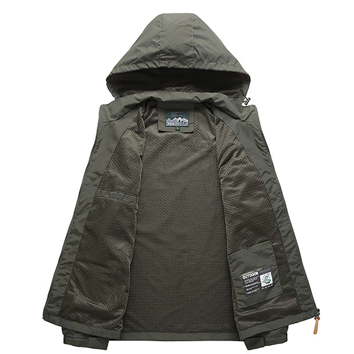 Grijze militaire jas voor heren, waterdicht en ademend, ideaal voor outdoor activiteiten.