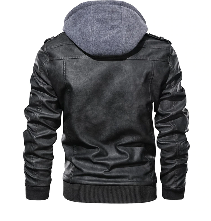 Rug van een zwarte heren motorjas, comfortabele pasvorm, perfecte biker jas voor herenkleding.