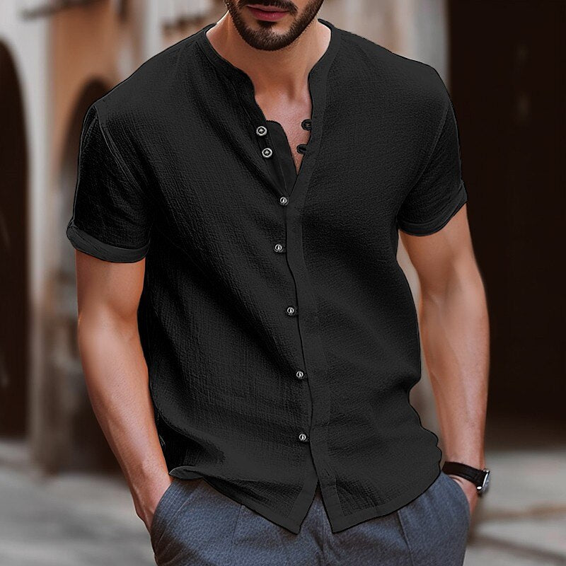 Comfortabel heren linnen shirt met mock hals voor een casual of elegante look.