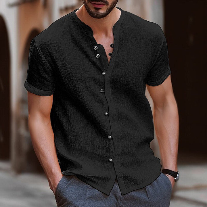 Comfortabel heren linnen shirt met mock hals voor een casual of elegante look.