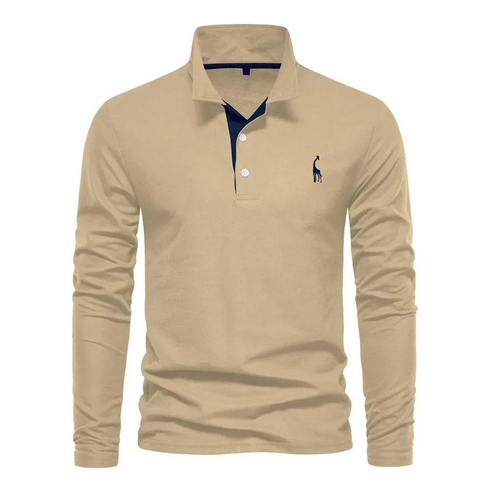 Comfortabele heren polo met lange mouwen en V-hals button-neck. Zacht en veelzijdig, geschikt voor dagelijks gebruik.