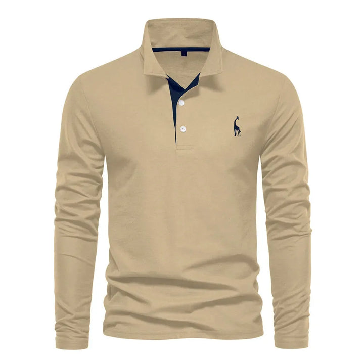 Comfortabele heren polo met lange mouwen en V-hals button-neck. Zacht en veelzijdig, geschikt voor dagelijks gebruik.