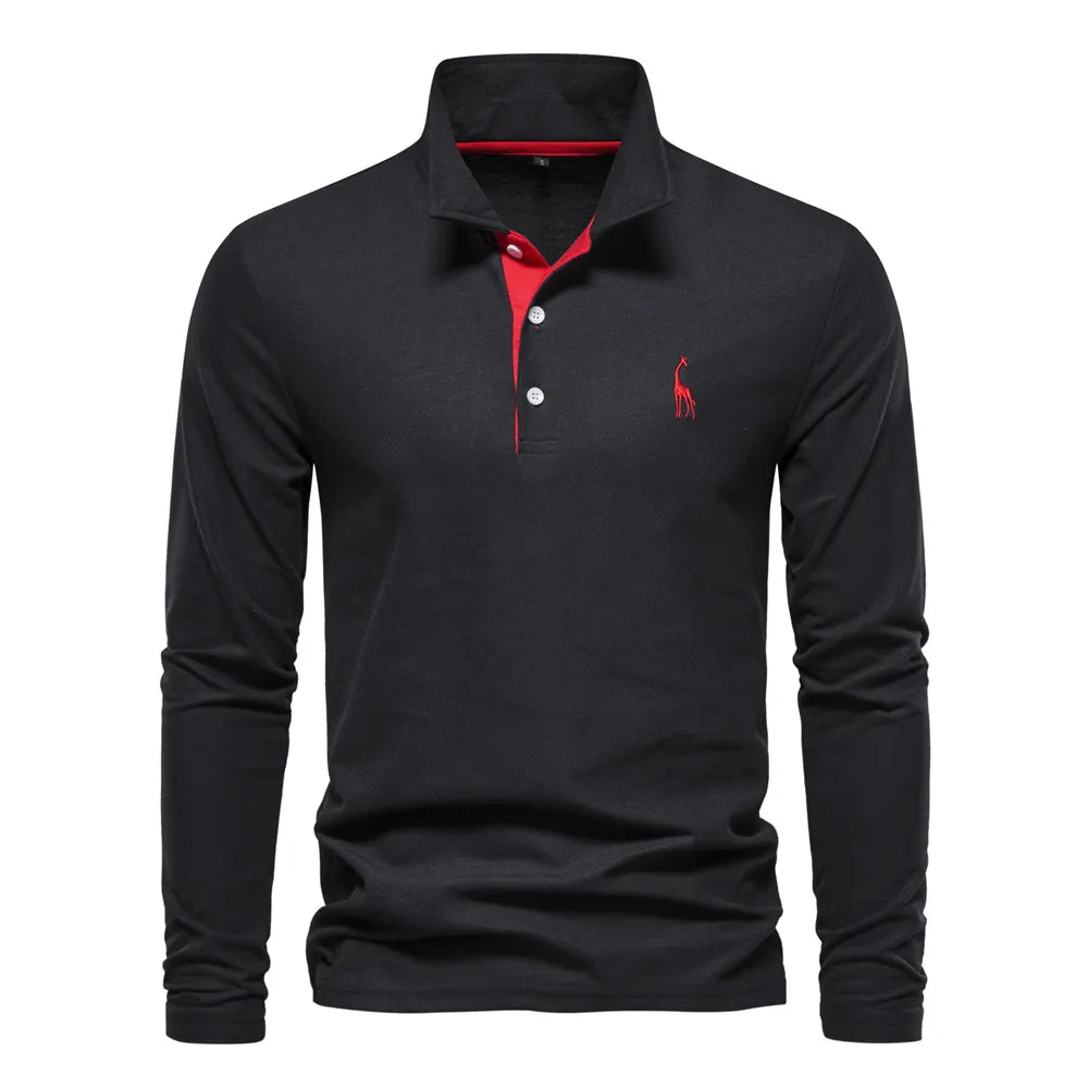Productfoto van heren polo met lange mouwen. V-hals, comfortabele stof. Essentieel kledingstuk voor herfst/winter.