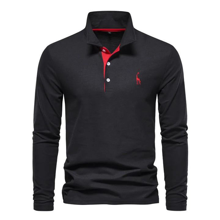 Productfoto van heren polo met lange mouwen. V-hals, comfortabele stof. Essentieel kledingstuk voor herfst/winter.