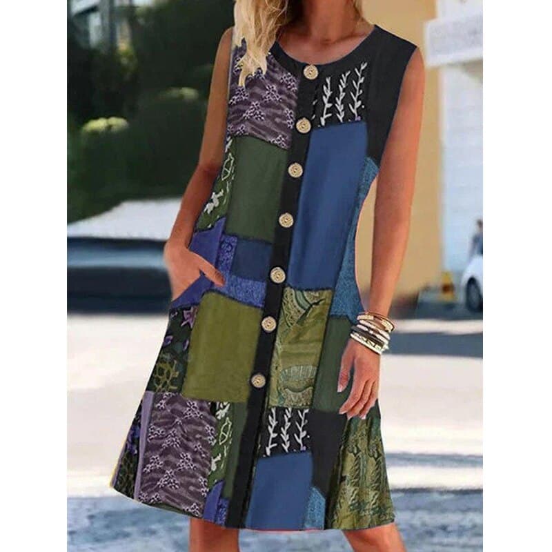 Groene dames mouwloze A-lijn midi jurk met zakken, ideaal voor een comfortabele zomerse of casual look.
