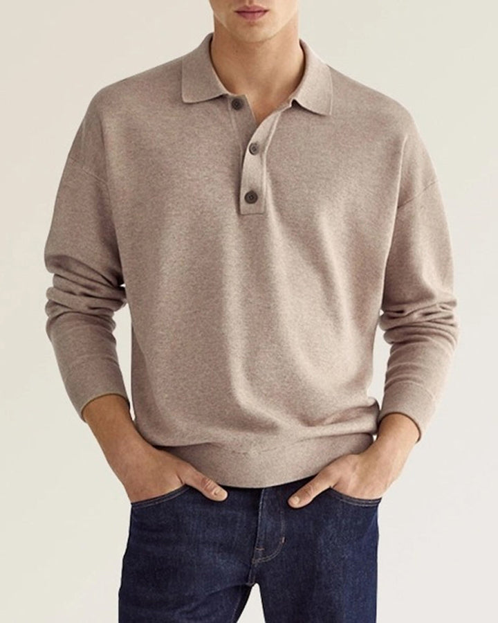 Effen herenpolo met lange mouwen en knoopsluiting, ideaal voor lente/herfst smart casual heren mode. Comfortabel & stijlvol.
