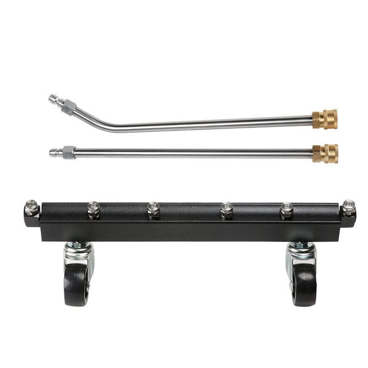 Detail van de roestvrijstalen chassisreiniger met sproeiers, garandeert optimale reiniging en corrosiebescherming.