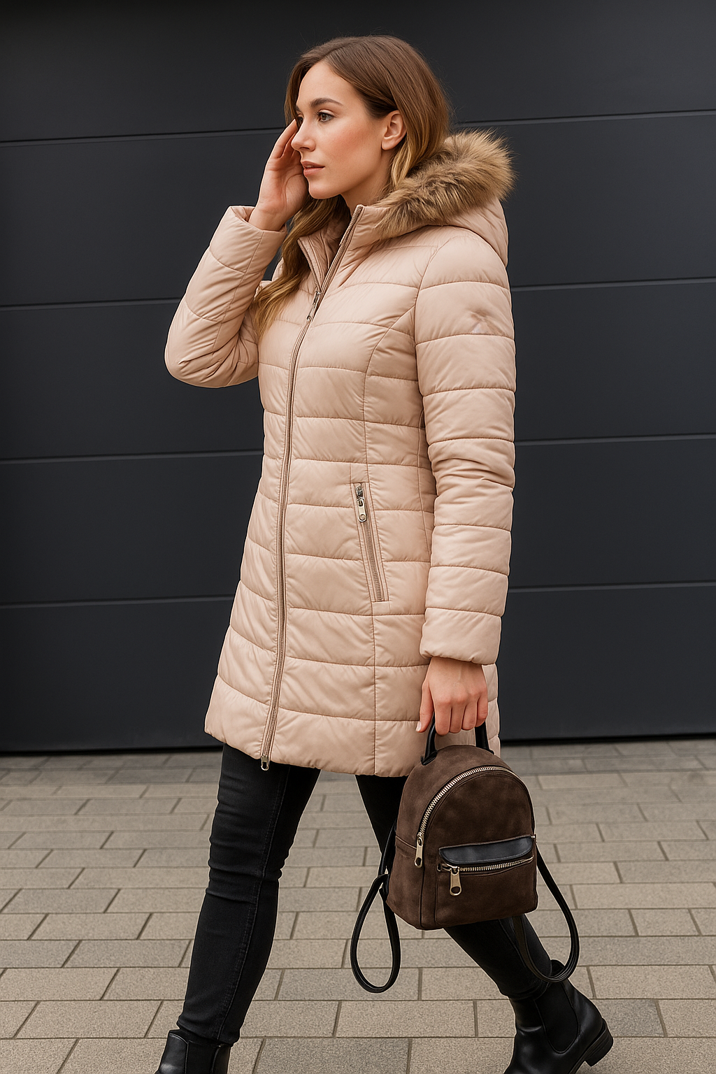 Warme dames winterjas met elegante, champagnekleurige bontkraag; comfortabel en stijlvol voor koude dagen.