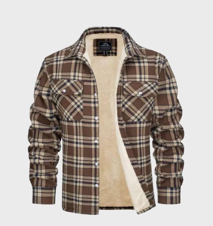 Modieus heren flannel jack, vintage stijl, gecombineerd met jeans, comfortabel en tijdloos voor herfst.