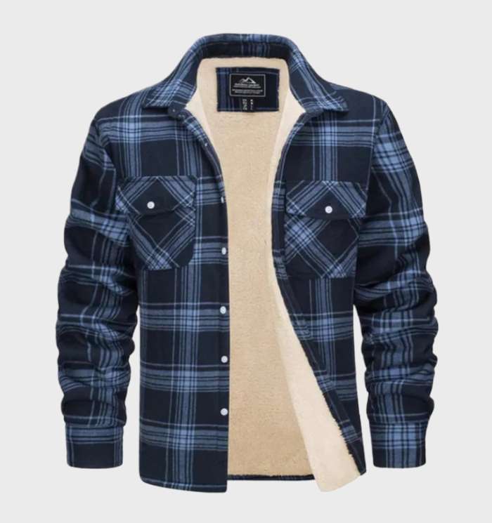 Detail van vintage stijl heren flannel jack met knopen, warme en comfortabele herfst/winter bovenkleding.
