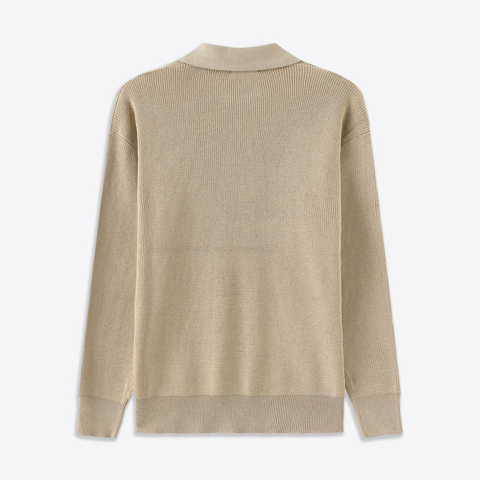 Achteraanzicht van de comfortabele heren pullover met halve rits, perfecte pasvorm.