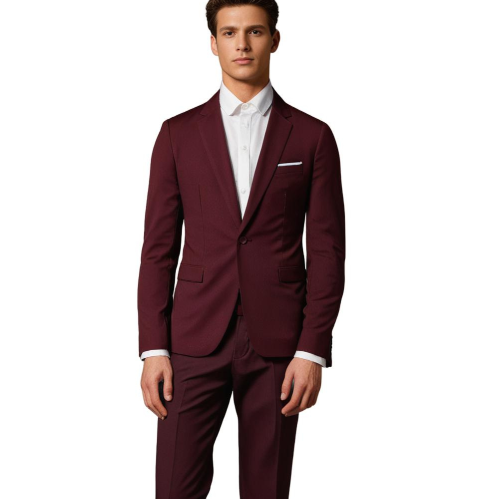 Stijlvol herenpak met slim fit blazer en bijpassende pantalon, ideaal voor formele en zakelijke gelegenheden.