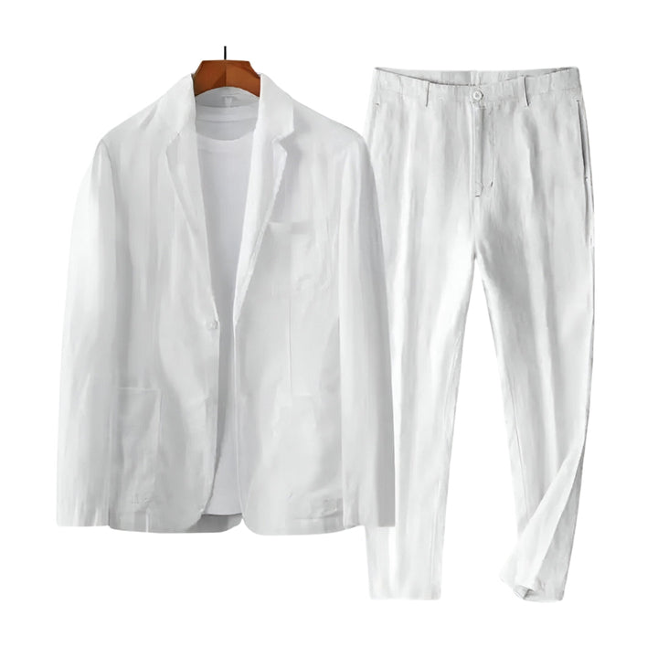 Elegant zwart of wit linnen zomerpak voor heren. Stijlvolle en comfortabele herenkleding, ideaal voor elke gelegenheid.