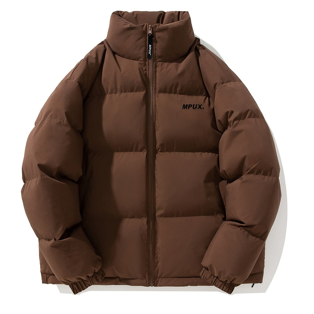 Duurzame heren winterjas, winddicht pufferjack. Ideaal voor koude dagen met warme voering en beschermende opstaande kraag.
