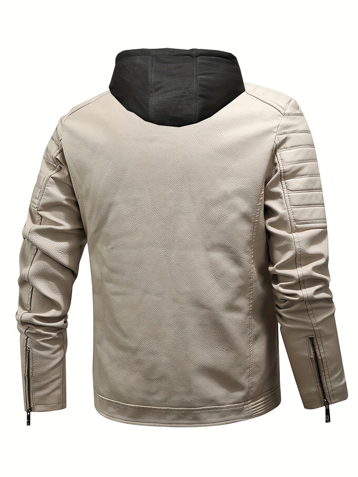Man draagt Jasper softshelljack met capuchon, waterdicht voor herfstwandelingen.