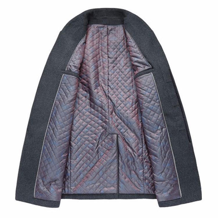 Warme wollen lange heren winterjas, klassieke bovenkleding voor koud weer.
