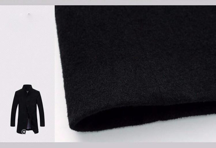 Donkerblauwe wollen peacoat, lange winterjas met tijdloze herenmode-uitstraling.