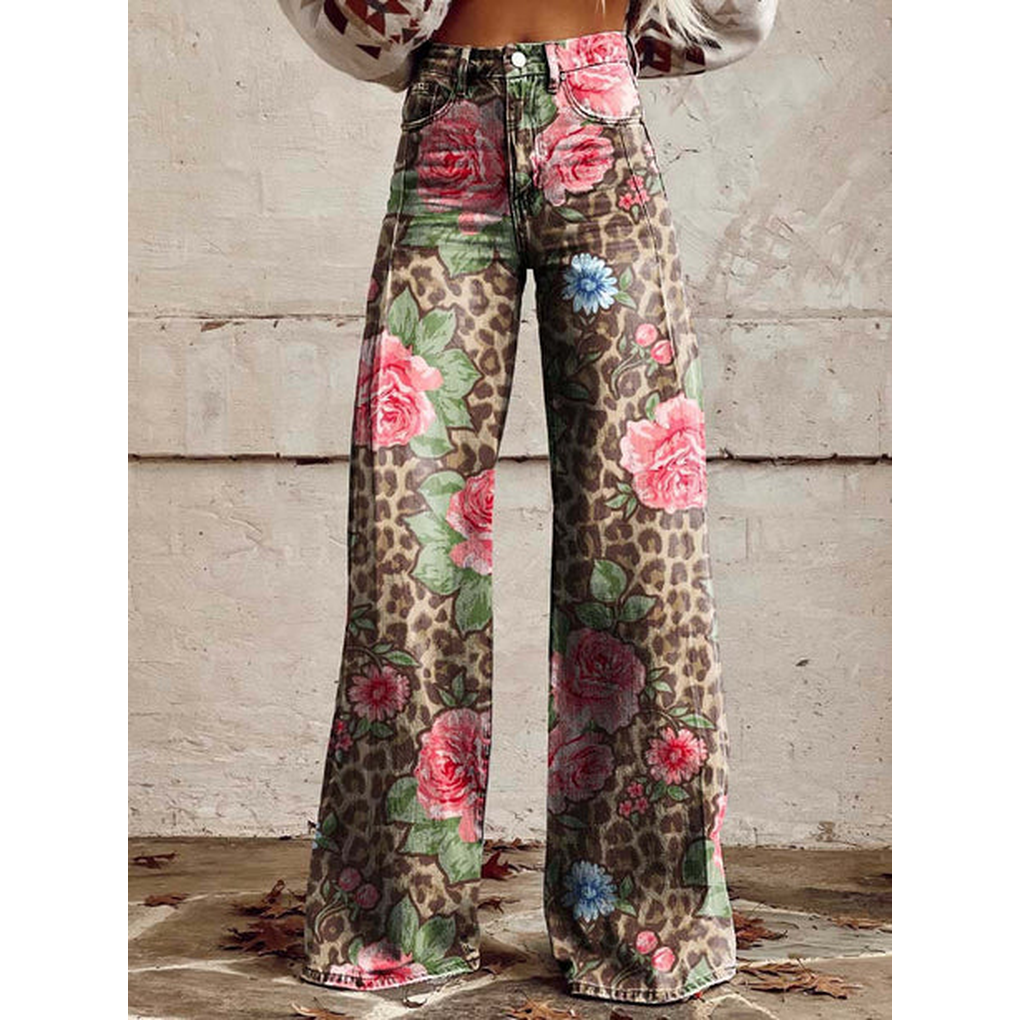 Trendy dames wijde pijpen broek met geometrische print. Comfortabele stretch polyester broek voor fashionista's.