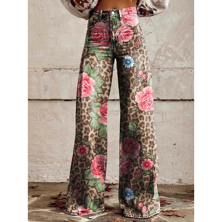 Trendy dames wijde pijpen broek met geometrische print. Comfortabele stretch polyester broek voor fashionista's.