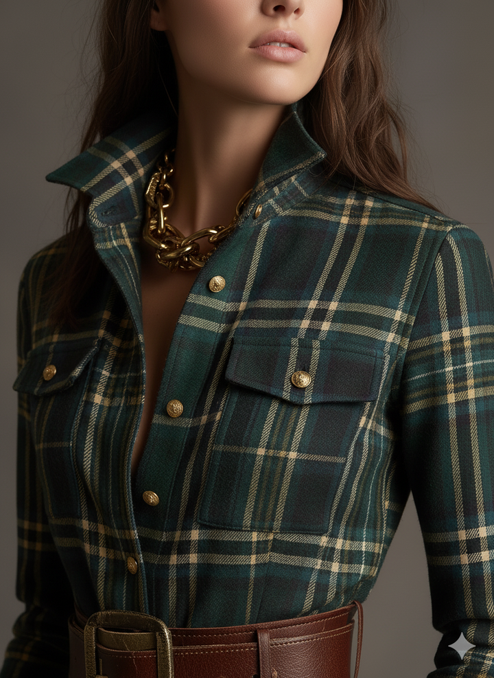Model draagt elegante geruite maxi jurk met knopen en lange mouwen. Toont comfortabele pasvorm.