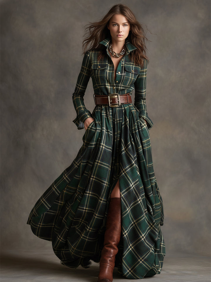 Dames geruite maxi jurk; focus op de knopen en het elegante ruitpatroon. Comfortabele kleding.
