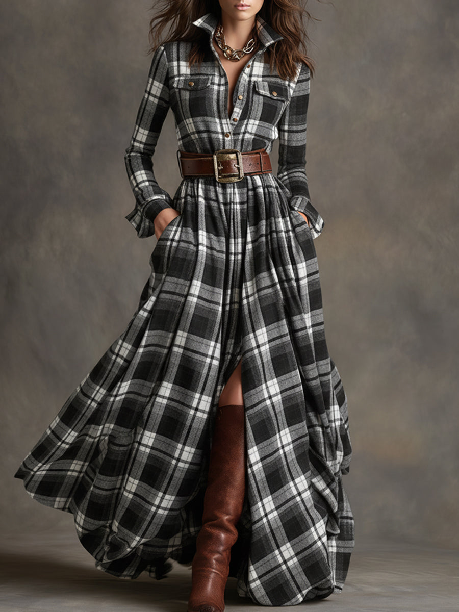 Elegante dames maxi jurk met doorlopende knoopsluiting en lange mouwen. Comfortabel en modieus.