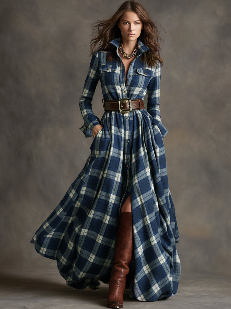 Zachte en comfortabele geruite maxi jurk met knopen. Een elegante must-have voor moderne vrouwen.