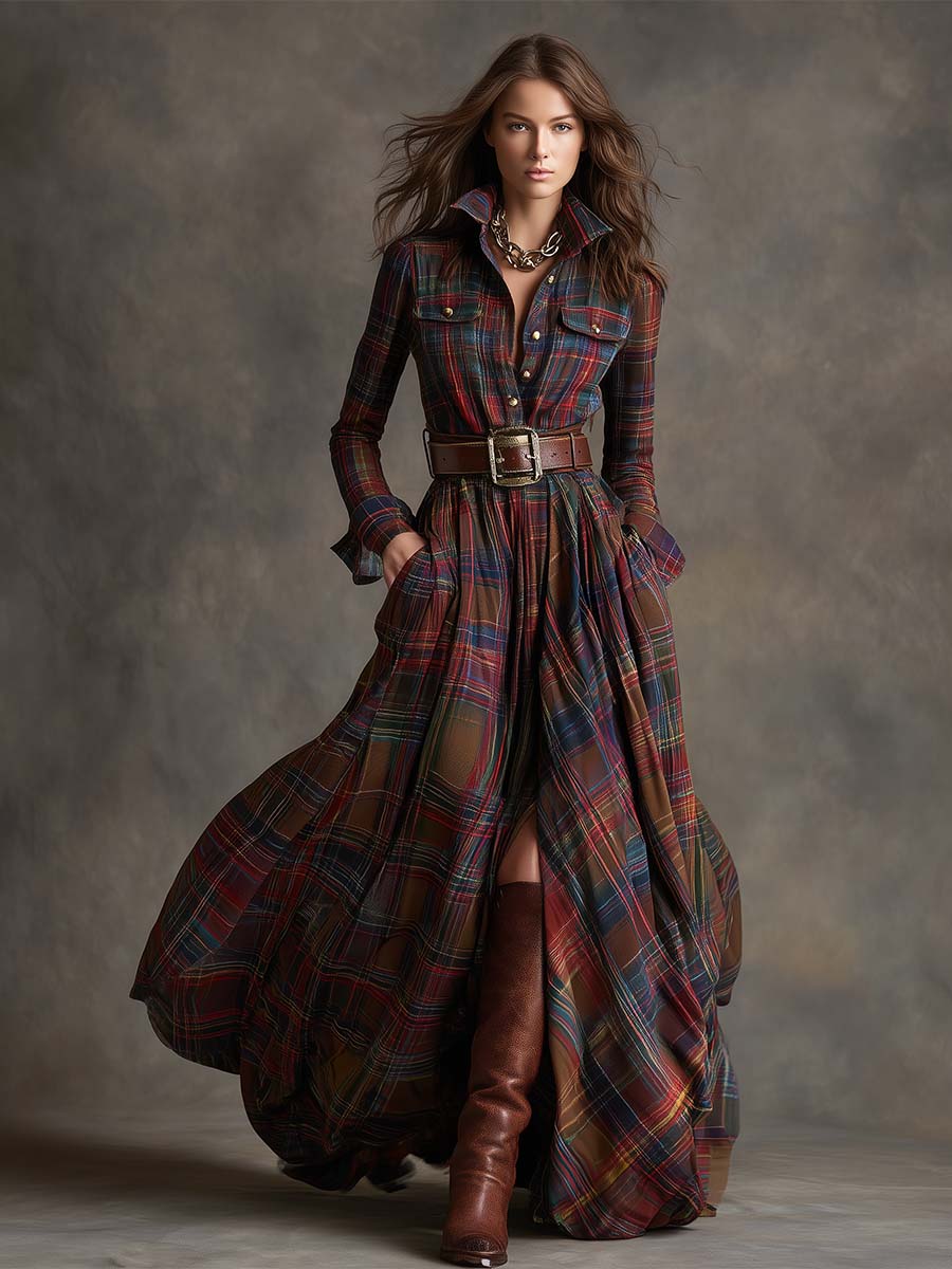 Vrouwenmode: veelzijdige geruite maxi jurk met knopen. Creëer een elegante en comfortabele look.