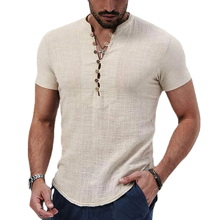 Casual heren V-hals linnen shirt, stijlvol en ademend. Perfecte kleding voor mannen tijdens lente en zomer.