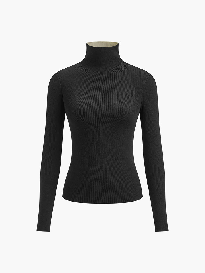 Stijlvolle dames trui met gebreid ribpatroon, warme hoge kraag en lange mouwen, getailleerd voor elegantie.