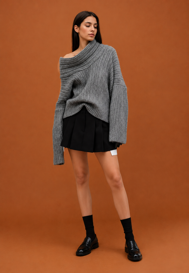 Dames asymmetrische schoudertrui met blote schouder, stijlvolle en elegante pullover. Trendy éénmaat vrouwenkleding.
