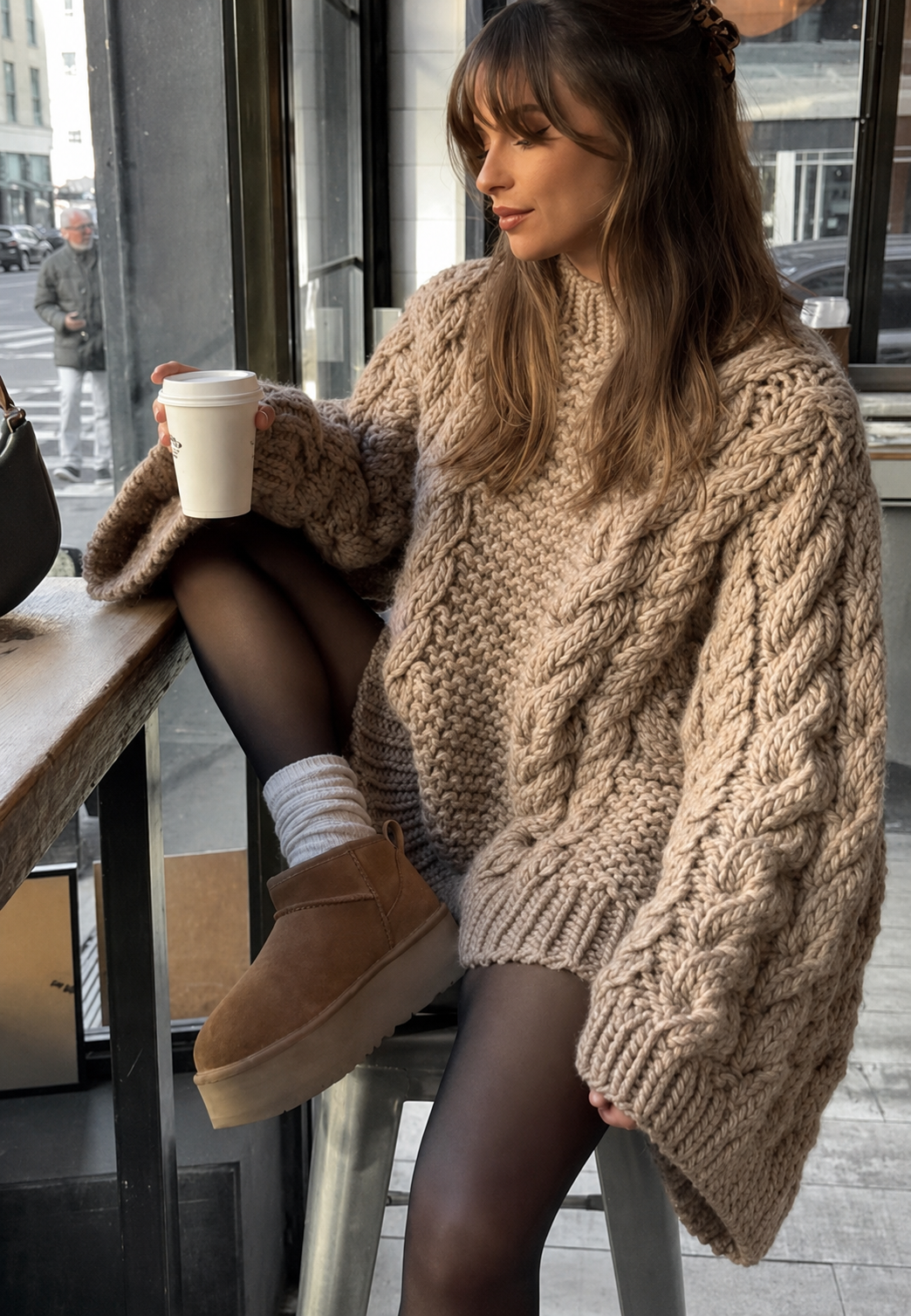 Oversized damestrui Nerina met gevlochten breipatroon en modieuze wijde mouwen, ideaal voor herfst/winter.