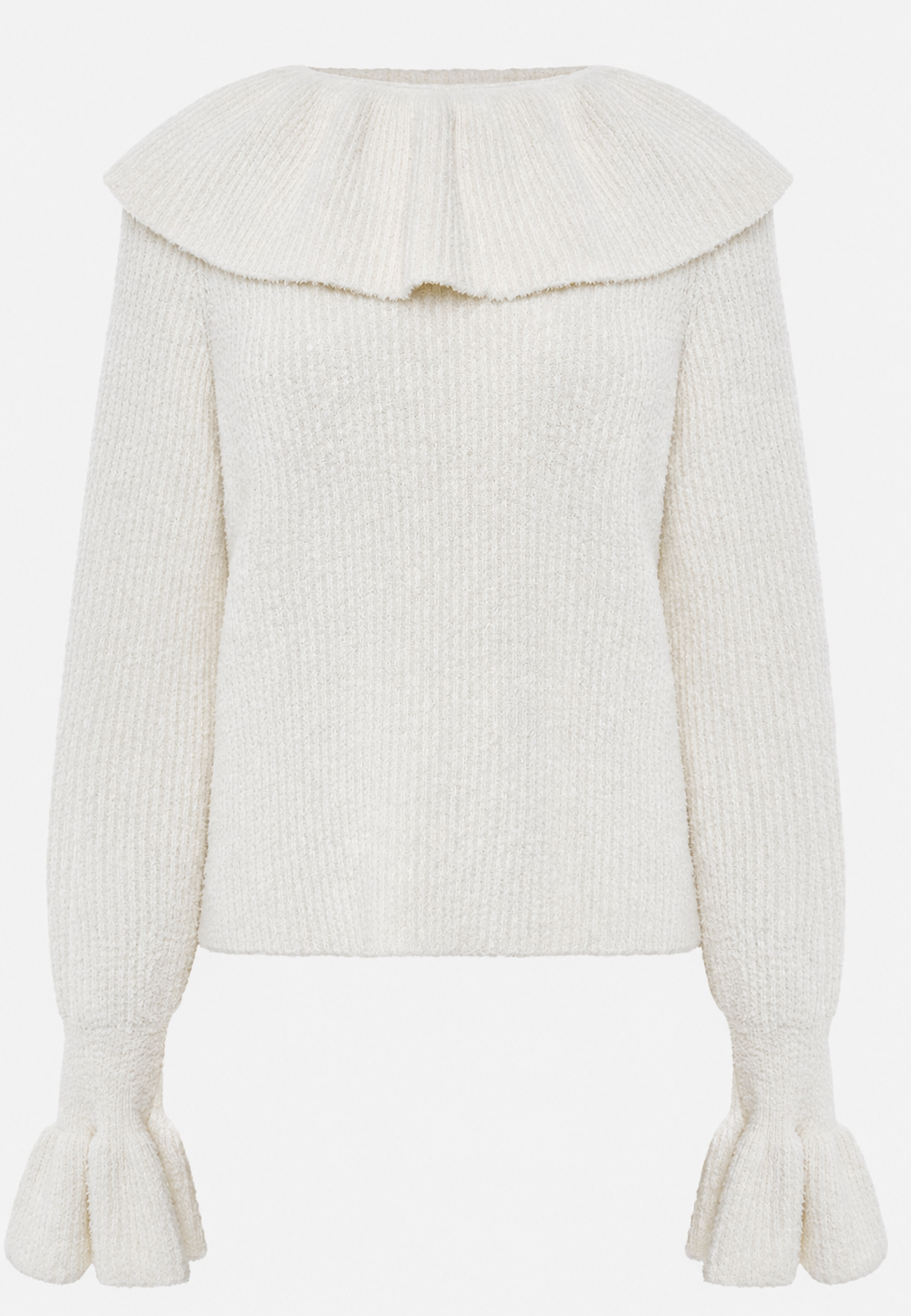 Damestrui in wit, met elegante sierkraag en uitlopende mouwen; perfecte herfst- en kantoorkleding.