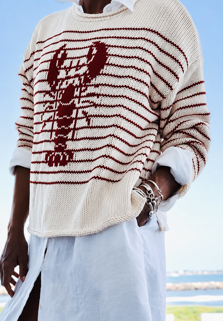 Gestreept wit pullover voor dames met lange mouwen en opvallend kreeft motief, ideaal voor herfstmode.