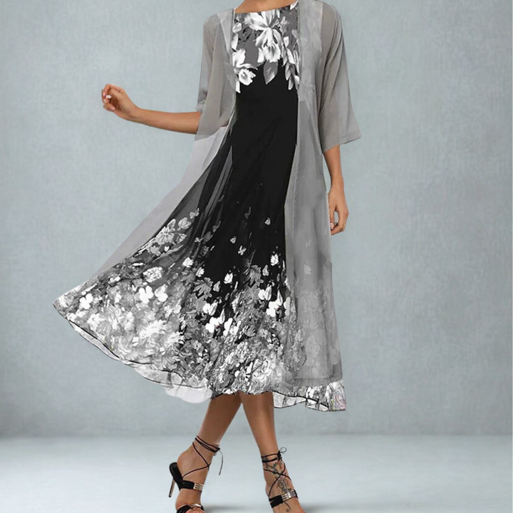 Antraciet A-lijn midi jurk met bloemenprint en jasje. Stijlvolle dames feestelijke jurk, casual chic lente outfit.