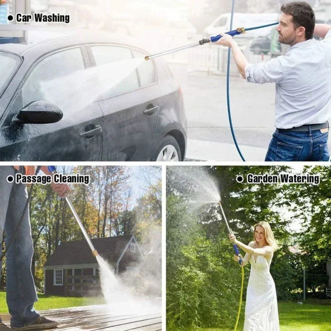 Vrouw wast auto met hogedruk spuitmond; effectief tuingereedschap voor autowassen en tuinonderhoud.