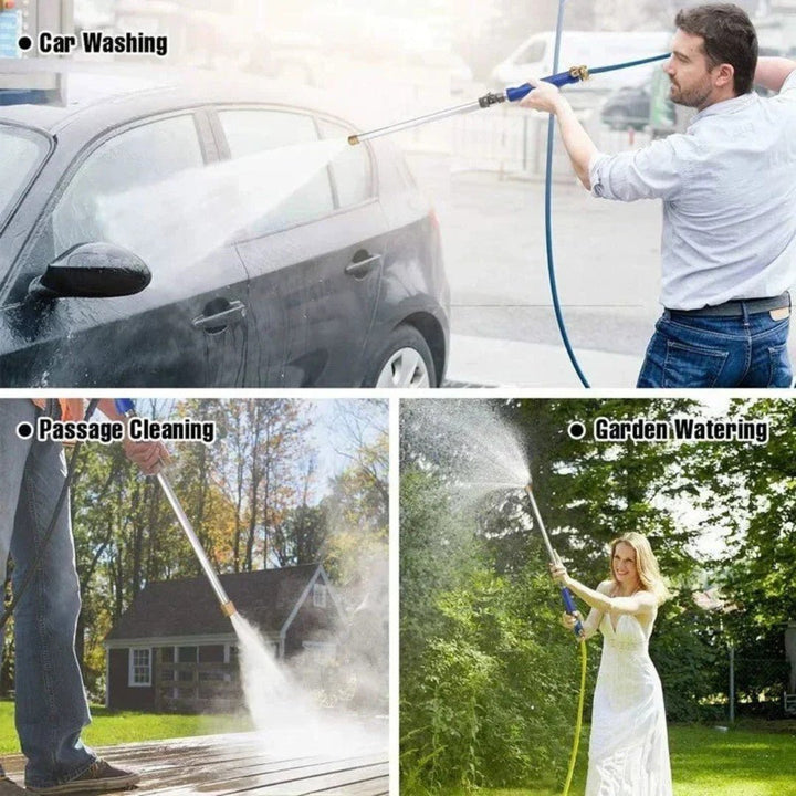 Vrouw wast auto met hogedruk spuitmond; effectief tuingereedschap voor autowassen en tuinonderhoud.
