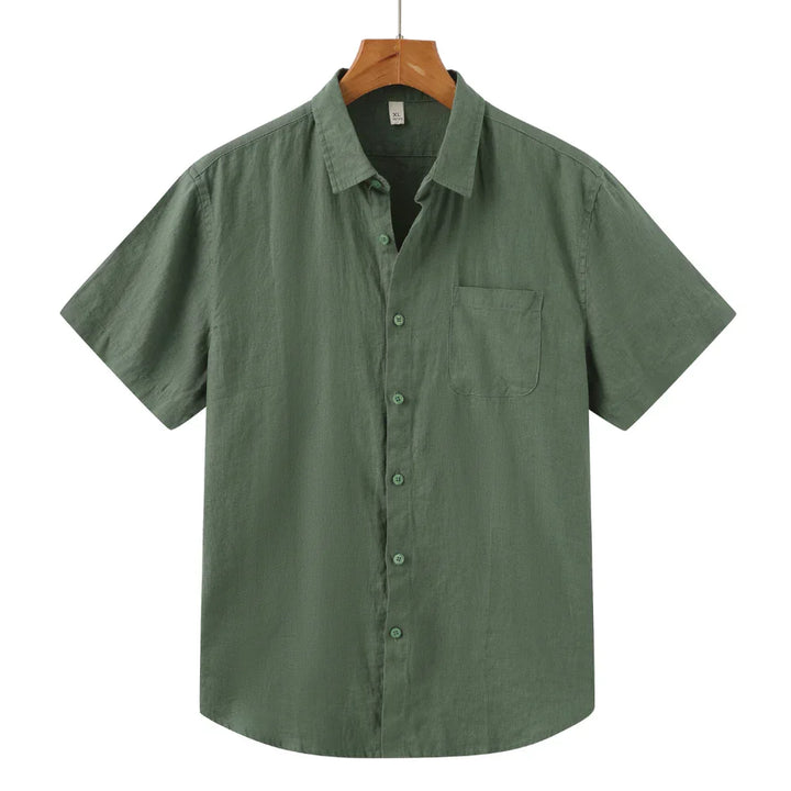 Wit linnen heren overhemd, korte mouwen, casual look. Comfortabel en stijlvol voor de zomer.