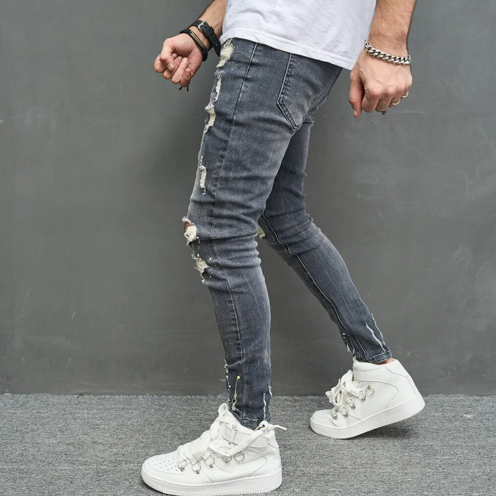 Stijlvolle skinny fit rekbare herenjeans met modieuze scheuren, perfect voor comfort en streetwear.