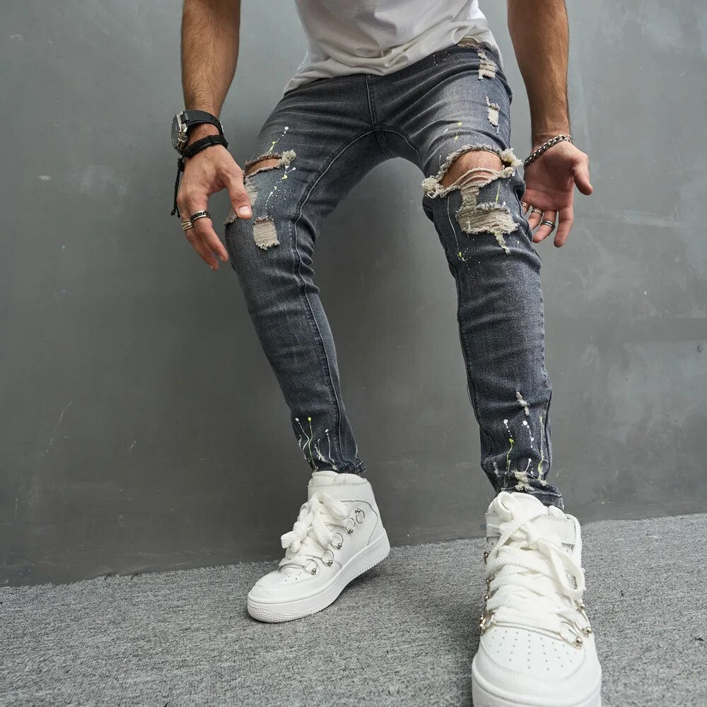 Gescheurde slim fit herenjeans met stretch, trendy en comfortabel voor herfst en lente casual mode.