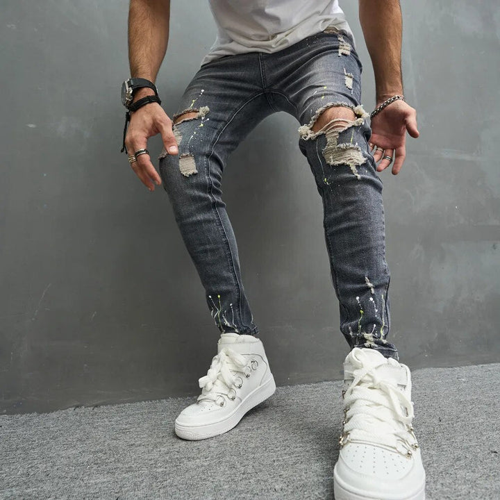 Gescheurde slim fit herenjeans met stretch, trendy en comfortabel voor herfst en lente casual mode.