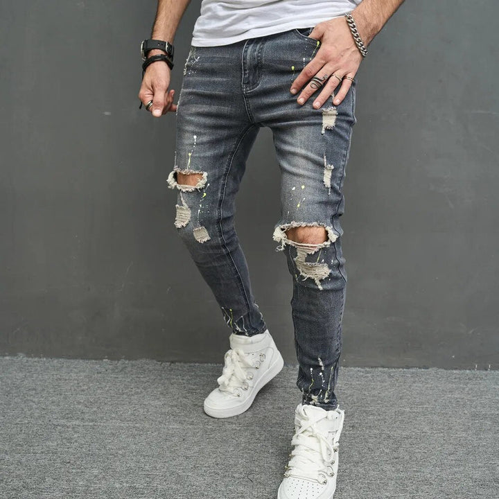 Trendy rekbare slim fit herenjeans met scheuren, ideaal voor casual lente/herfst streetwear.