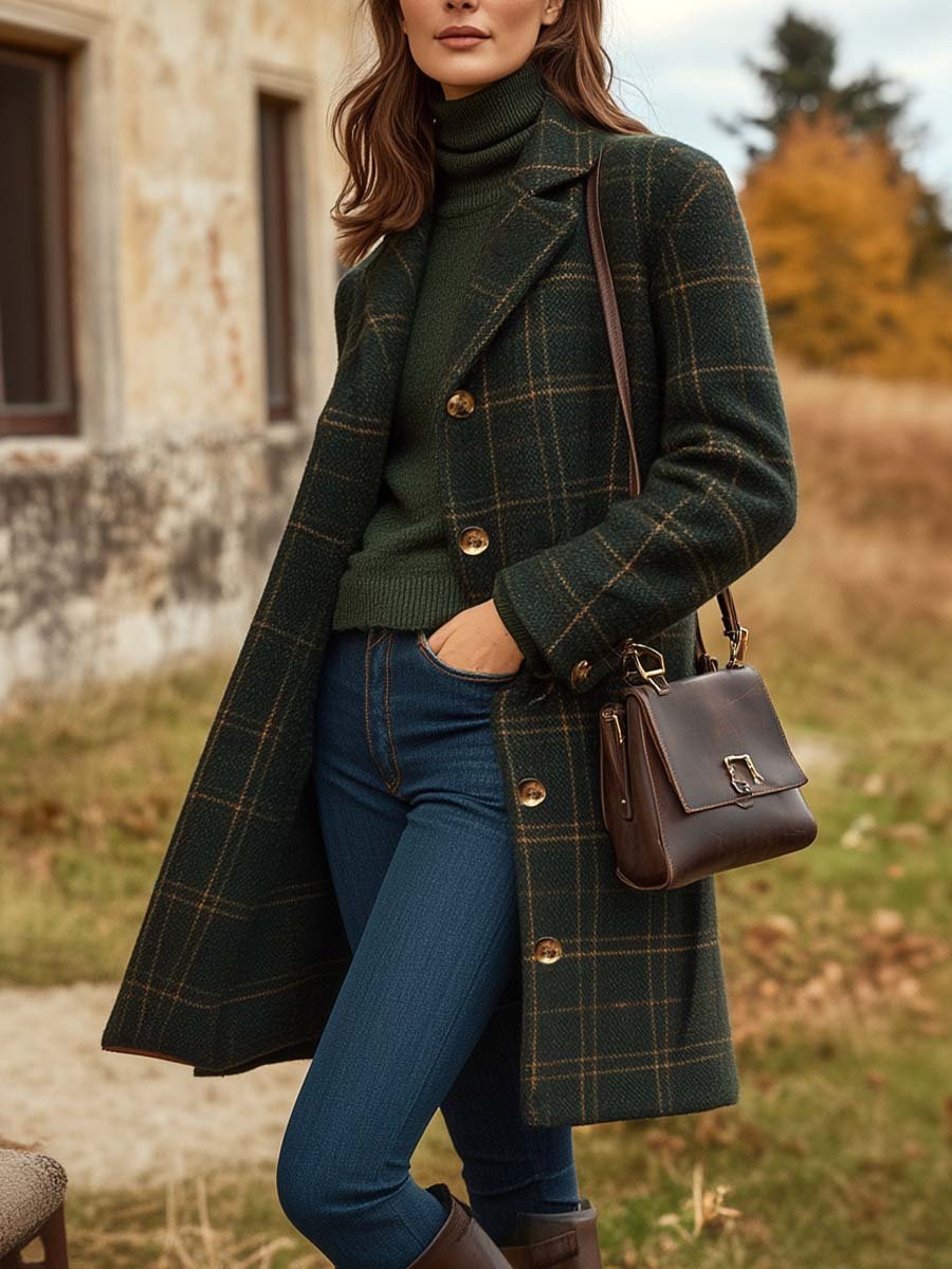 Lange dames wollen jas met elegant ruitmotief in donkergroen, ideaal voor winterse elegantie en stijl.