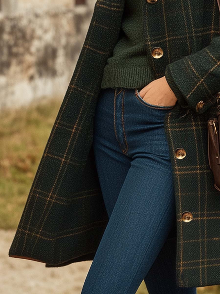 Elegante lange damesjas van wol met klassiek ruitmotief, een warme en stijlvolle keuze voor de wintergarderobe.